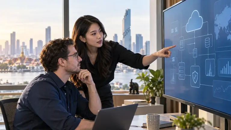 Technology professionals reviewing cloud architecture in a Bangkok workspace