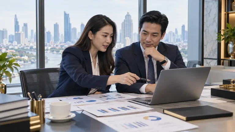 Thai finance professionals reviewing salary benchmark reports in a Bangkok office