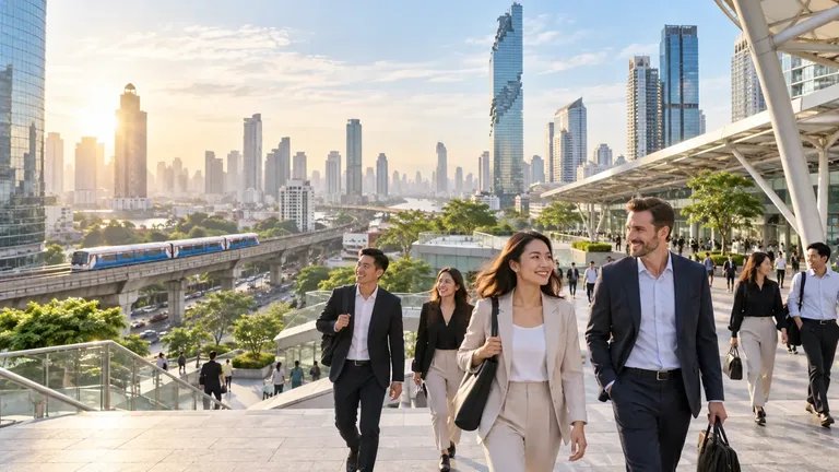 Professionals walking through Bangkok’s business district near public transit
