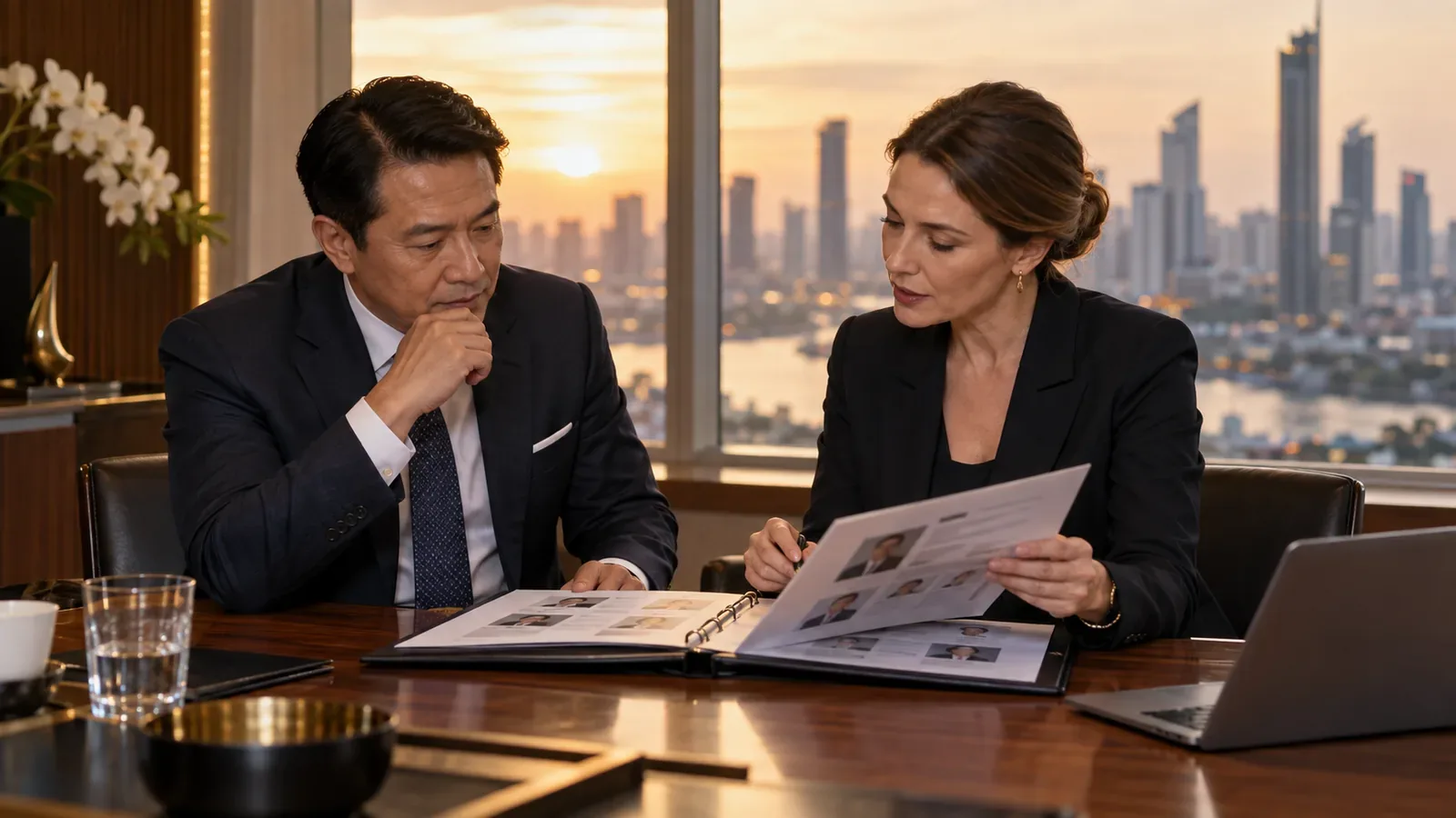 Senior executive and recruitment adviser reviewing a candidate portfolio in a Bangkok boardroom